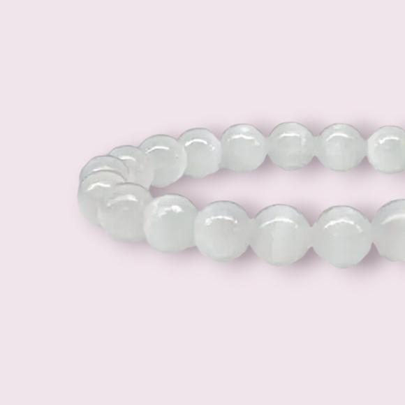 Handmade Natural Selenite 8mm Beaded Stretchable Bracelet - Picture 3 of 3